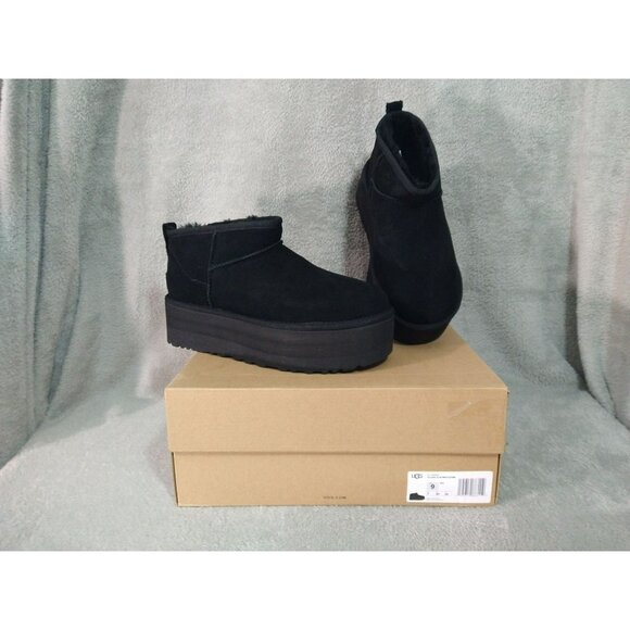 UGG Boots Womens 9 Black Suede Fur Classic Ultra Mini Platform Ankle Box